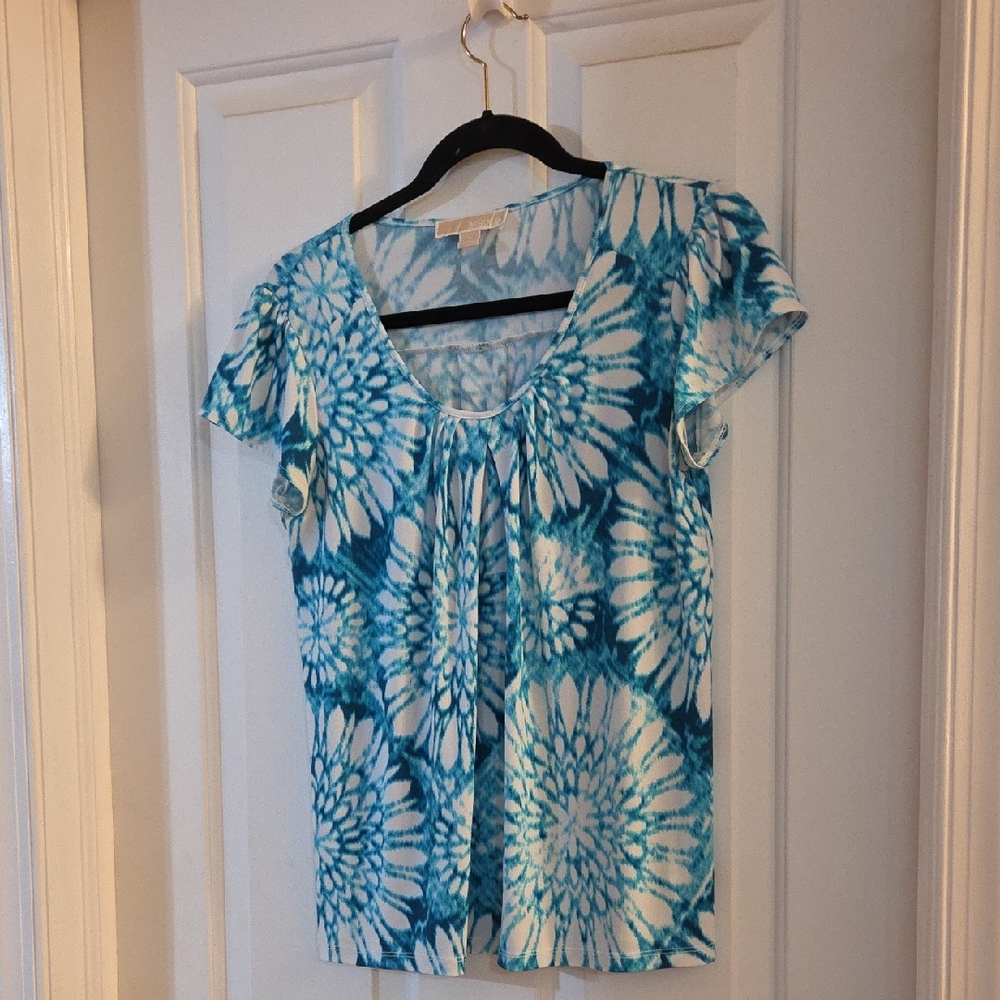 Michael Kors Women’s Blue Tie-Dye Floral Scoop Neck Top Small